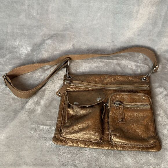 Fossil Crossbody Bag Front Pockets Metallic Bronze/Chocolate Pebbled Leather - Picture 6 of 16